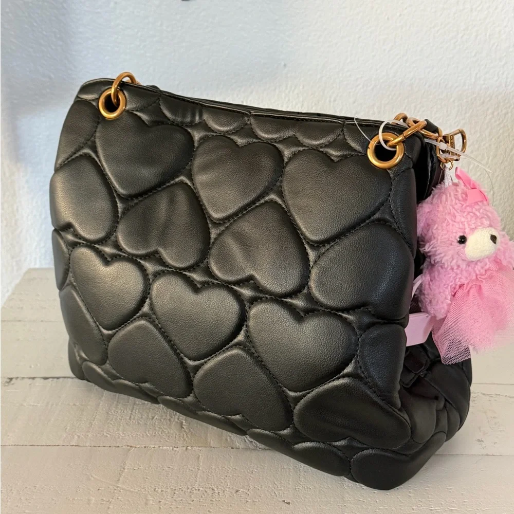 Betsey Johnson Xomia black heart quilted bag gold-tone hardware pink bear charm